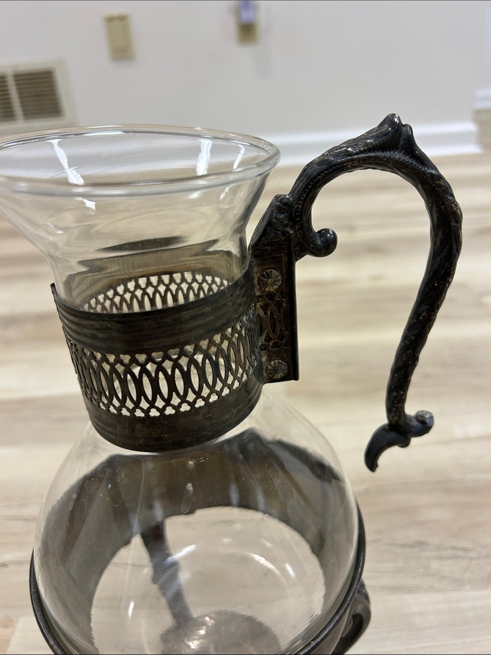 Ornate Glass Coffee Carafe with Bronze-Tone Metal Handle and Stand - Brown image 3